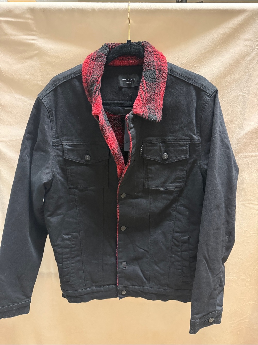 (NWT) Saint Morta Tartan Faux Sherpa Black Denim Jacket